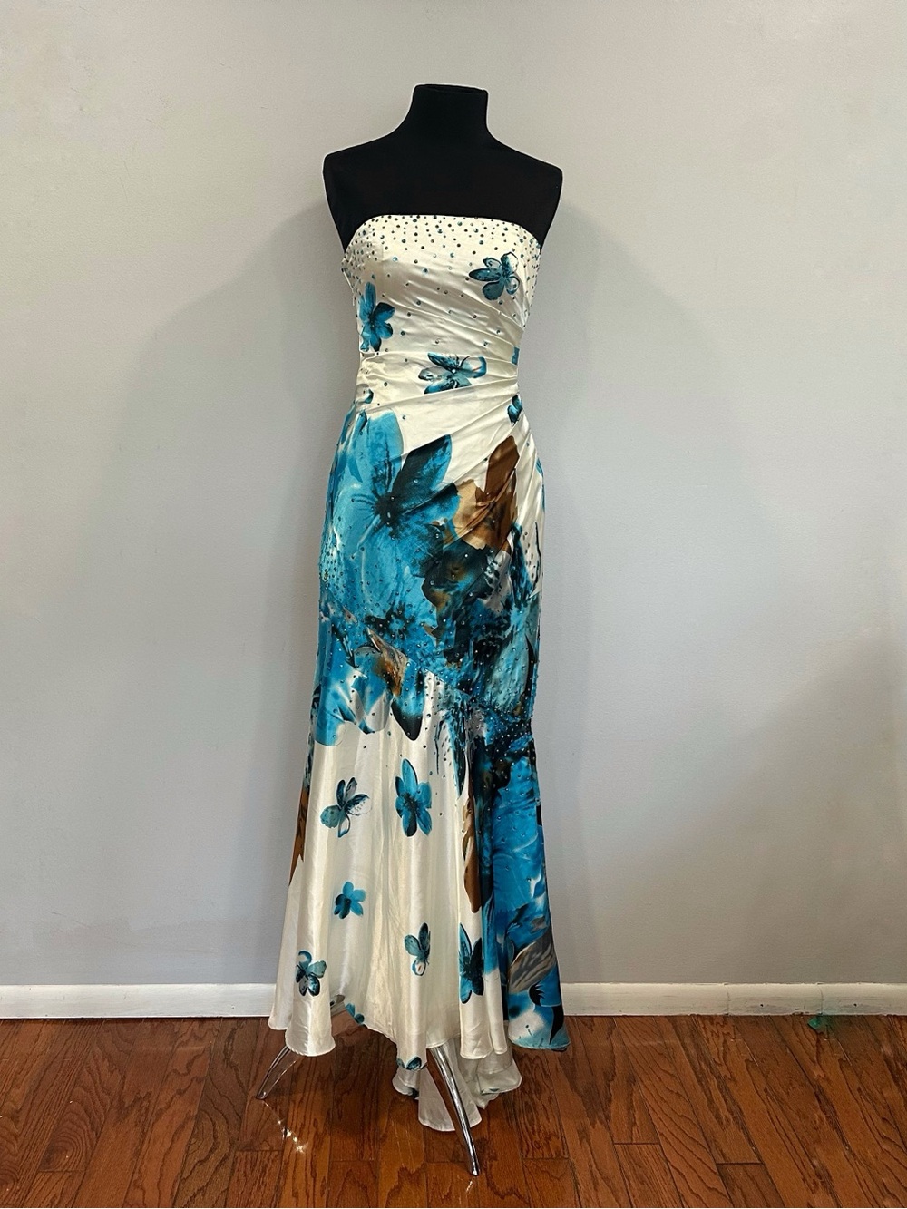 Night Moves Blue White Floral Strapless Gown Y2K US 6